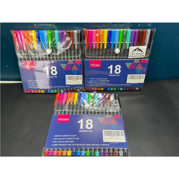 Lot of 3 Multi-Packs of Vitoler Fineliner Pens - 18 Colors Per Pack