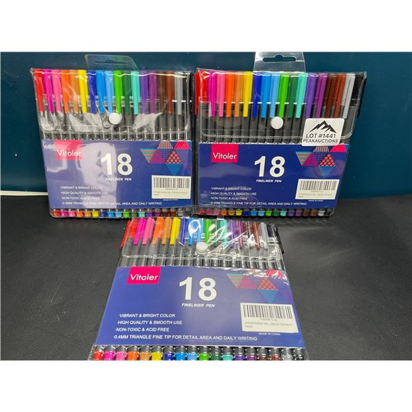 Lot of 3 Multi-Packs of Vitoler Fineliner Pens - 18 Colors Per Pack