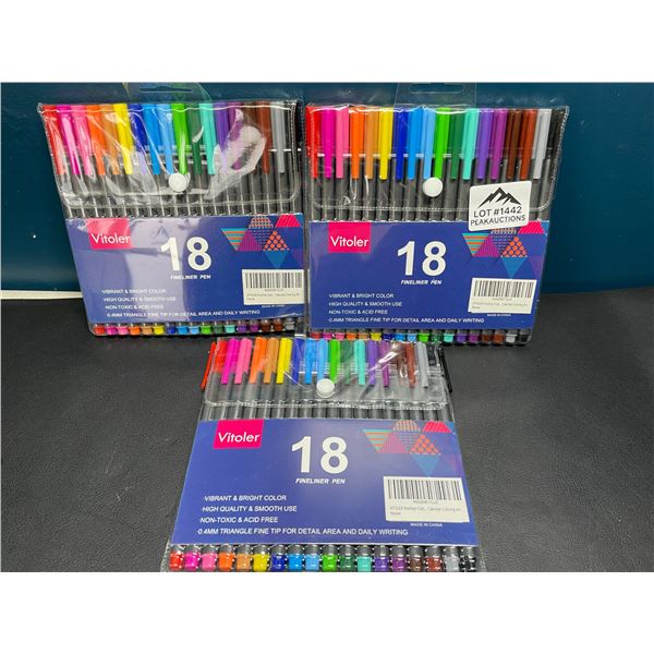 Lot of 3 Multi-Packs of Vitoler Fineliner Pens - 18 Colors Per Pack