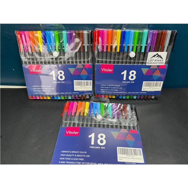 Lot of 3 Multi-Packs of Vitoler Fineliner Pens - 18 Colors Per Pack