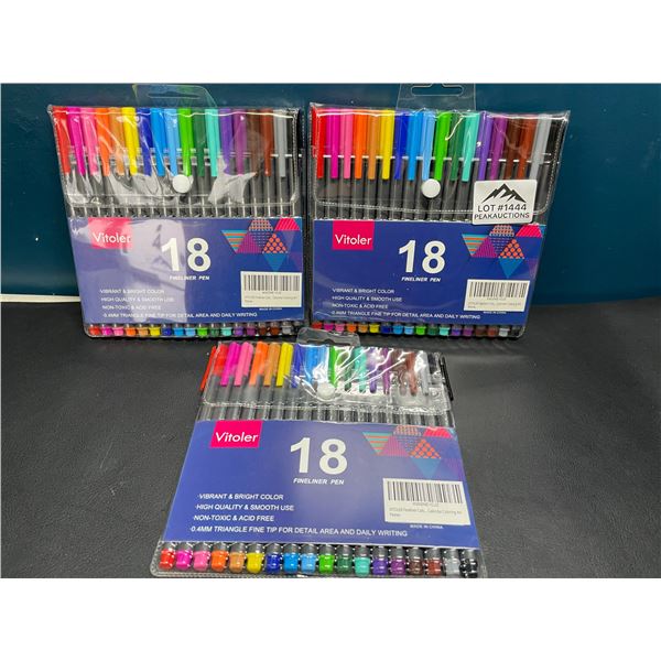 Lot of 3 Multi-Packs of Vitoler Fineliner Pens - 18 Colors Per Pack
