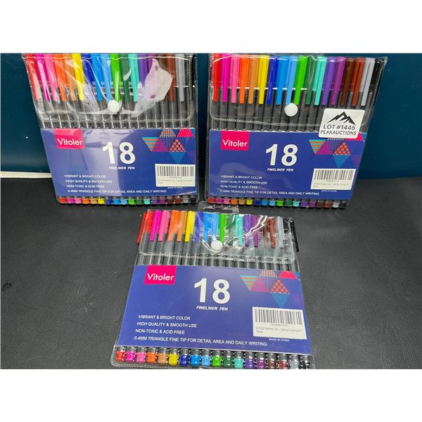 Lot of 3 Multi-Packs of Vitoler Fineliner Pens - 18 Colors Per Pack