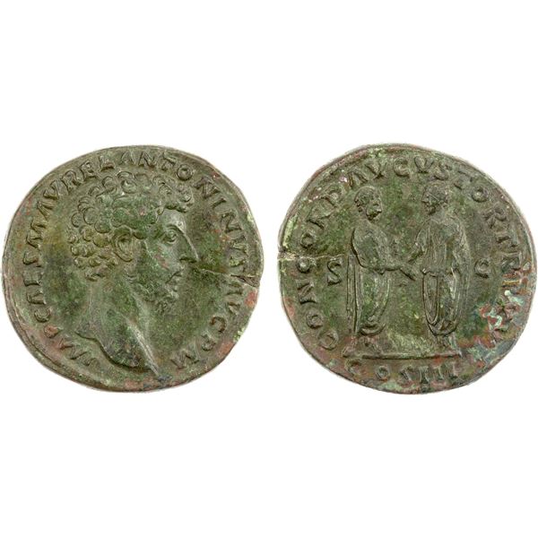 ROMAN EMPIRE: Marcus Aurelius, 161-180 AD, AE sestertius (22.88g), Rome, 161-162 AD, Choice VF