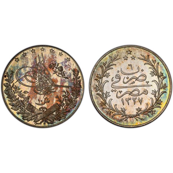 EGYPT: Mohamamd V, 1909-1914, AR 10 qirsh, Misr, AH1327 year 6, PCGS Specimen 66