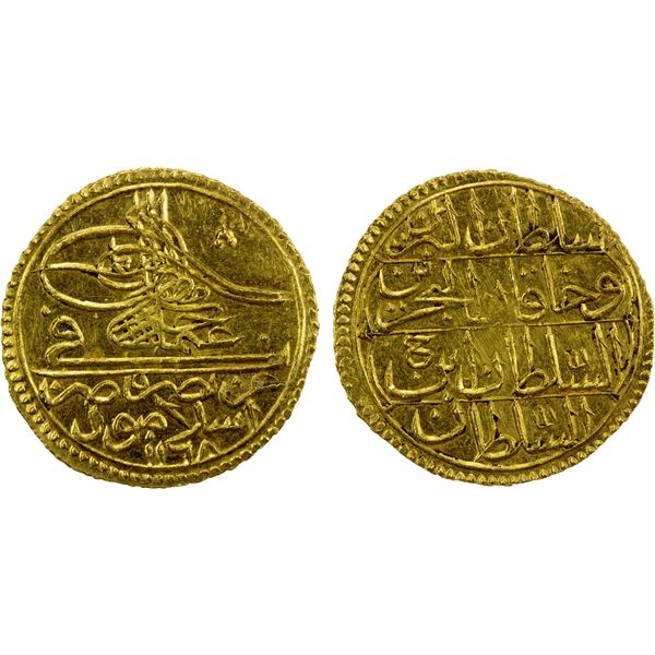 TURKEY: Osman III, 1754-1758, AV ½ zeri mahbub (1.29g), Islambul, AH1168, lustrous Unc