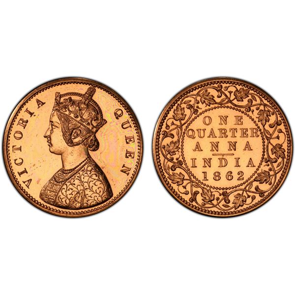 BRITISH INDIA: Victoria, Queen, 1837-1876, AE ¼ anna, 1862(c), PCGS Proof 64 RD