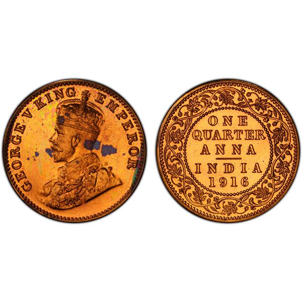 BRITISH INDIA: George V, 1910-1936, AE ¼ anna, 1916(c), PCGS Proof 62 RB