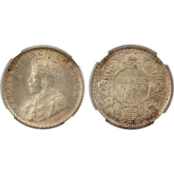 BRITISH INDIA: George V, 1910-1936, AR ¼ rupee, 1914(c), NGC MS63