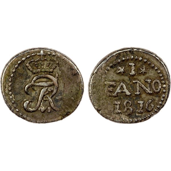 DANISH INDIA: TRANQUEBAR: Frederik VI, 1808-1839, AR fano (1.36g), 1816, EF