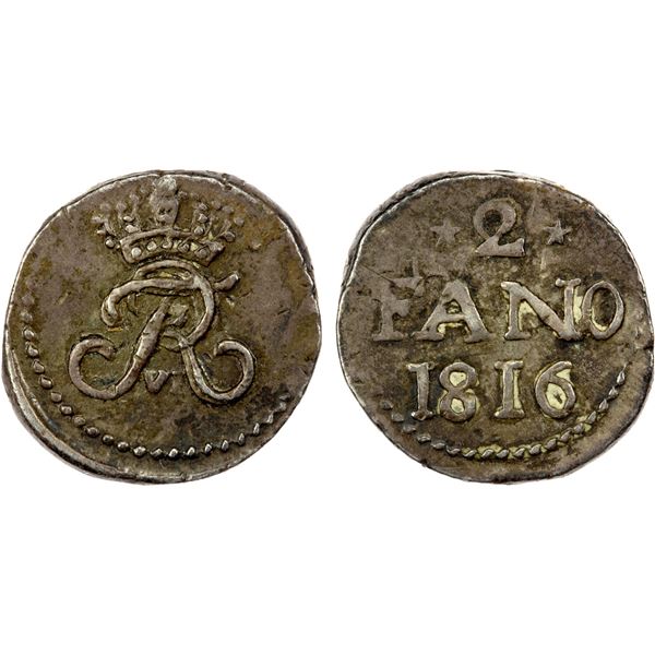 DANISH INDIA: TRANQUEBAR: Frederik VI, 1808-1839, AR 2 fano (2.70g), 1816, EF
