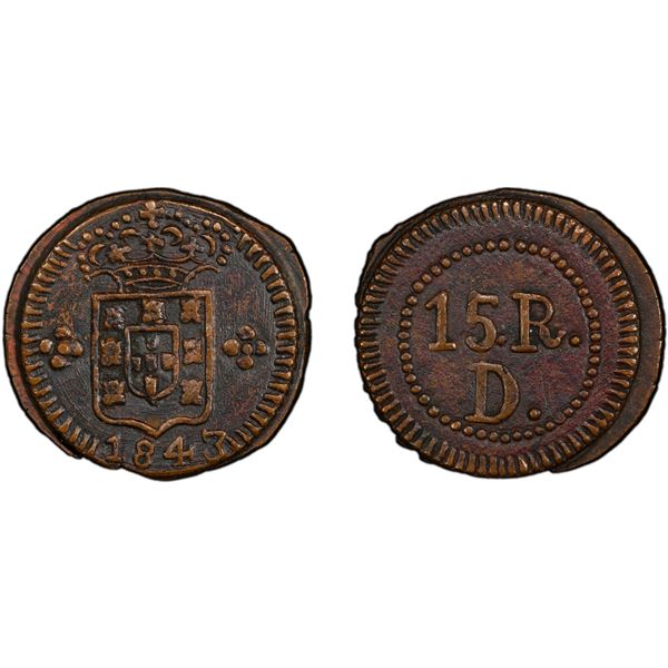 PORTUGUESE INDIA: DAMAO: Maria II, 1834-1853, AE 15 reis, 1843, PCGS AU53