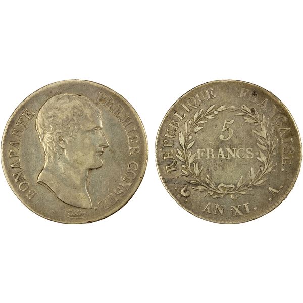 FRANCE: Napoleon I, as First Consul, 1799-1804, AR 5 francs, AN 11 (1802-3), VF