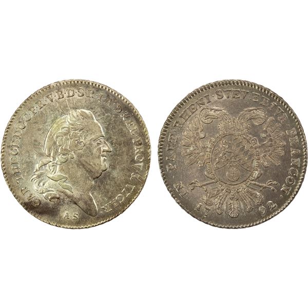 BAVARIA: Karl Theodor, 1777-1799, AR thaler, 1792, Choice AU