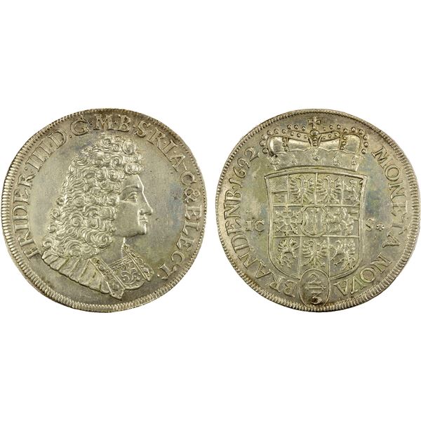 BRANDENBURG: Friedrich III, 1688-1701, AR 2/3 thaler (gulden), 1692 ICS, AU