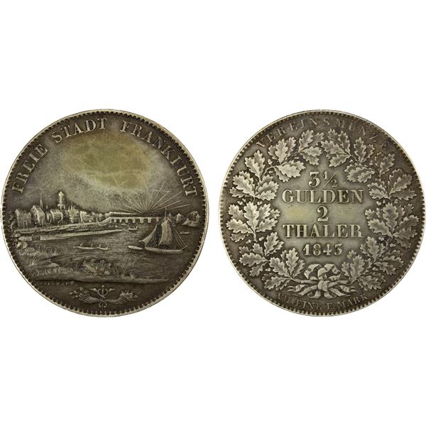 FRANKFURT: Free City, AR 2 thaler, 1843, VF