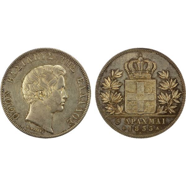 GREECE: Otto of Bavaria, 1832-1862, AR 5 drachmai, 1833-A, UNC