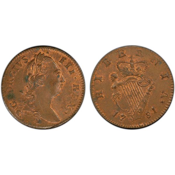 IRELAND: George III, 1760-1820, AE halfpenny, 1781, PCGS MS62 RB