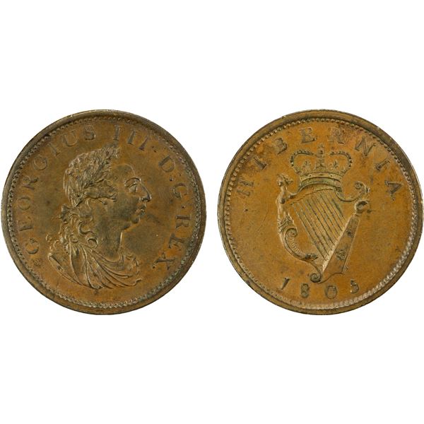 IRELAND: George III, 1760-1820, AE penny, Soho Mint, 1805, UNC