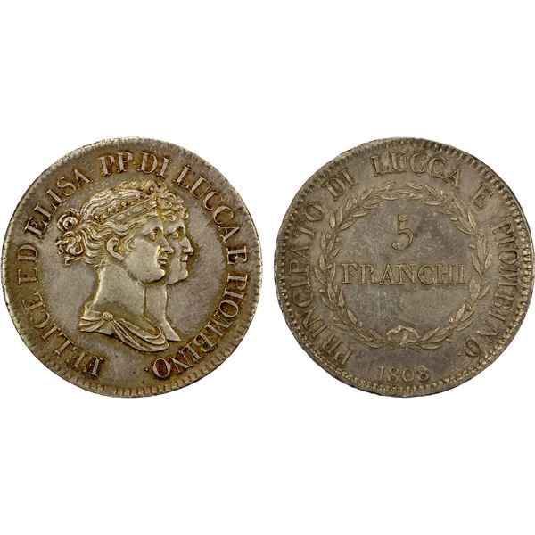 LUCCA: Felice & Elisa, 1805-1814, AR 5 franchi, 1808/7, AU
