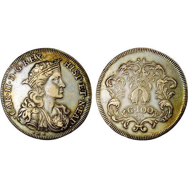 NAPLES: Charles II, of Spain, 1665-1700, AR ducato (100 grani), 1693, VF-EF