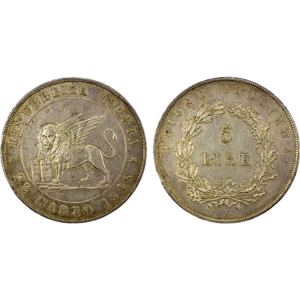 VENICE: Provisional Government, AR 5 lire, 1848-V, EF-AU