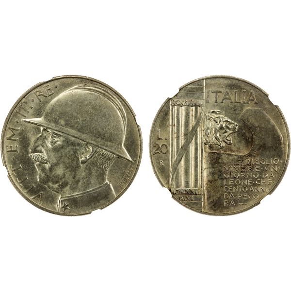 ITALY: Vittorio Emanuele III, 1900-1946, AR 20 lire, 1928-R, NGC MS62