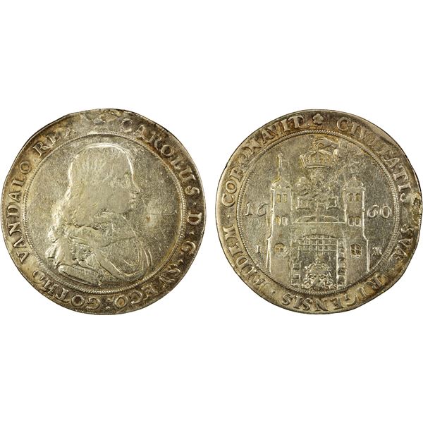 LIVONIA: Karl XI, of Sweden, 1660-1697, AR thaler (dalderi), Riga, 1660, About VF