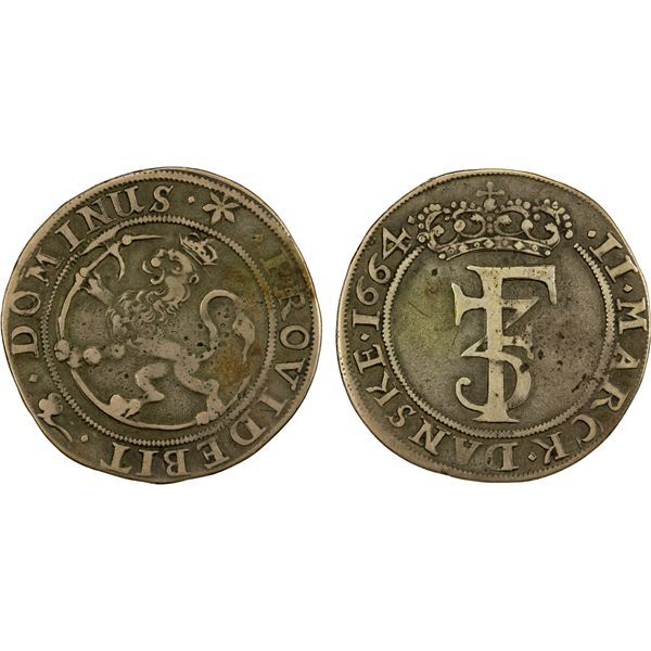 NORWAY: Frederik III, 1648-1670, AR 2 mark, 1664, About VF