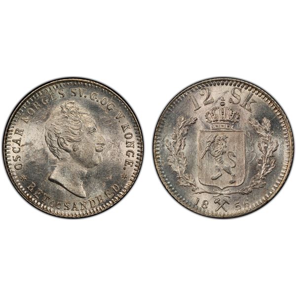 NORWAY: Oscar I, 1844-1859, AR 12 skilling, 1856, PCGS MS63