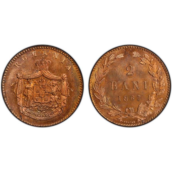 ROMANIA: Carol I, as Prince, 1866-1881, AE 2 bani, 1867-H, PCGS Specimen 66 RD