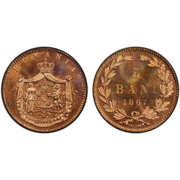 ROMANIA: Carol I, as Prince, 1866-1881, AE 5 bani, 1867-H, PCGS Specimen 66 RD