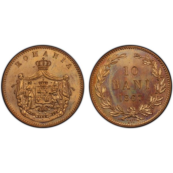 ROMANIA: Carol I, as Prince, 1866-1881, AE 10 bani, 1867-W, PCGS Specimen 65 RD