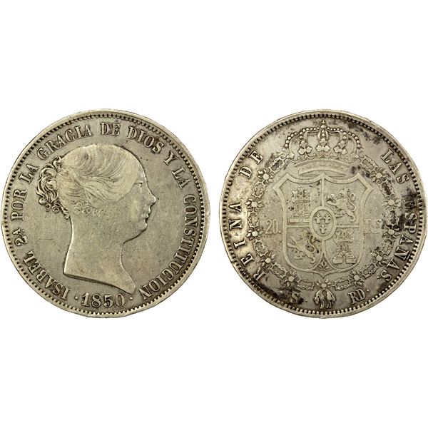 SPAIN: Isabel II, 1833-1868, AR 20 reales, Sevilla, 1850-S, F-VF