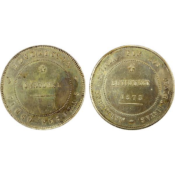 SPAIN: Revolutionary Coinage, AR 5 pesetas, Cartagena, 1873, EF-AU