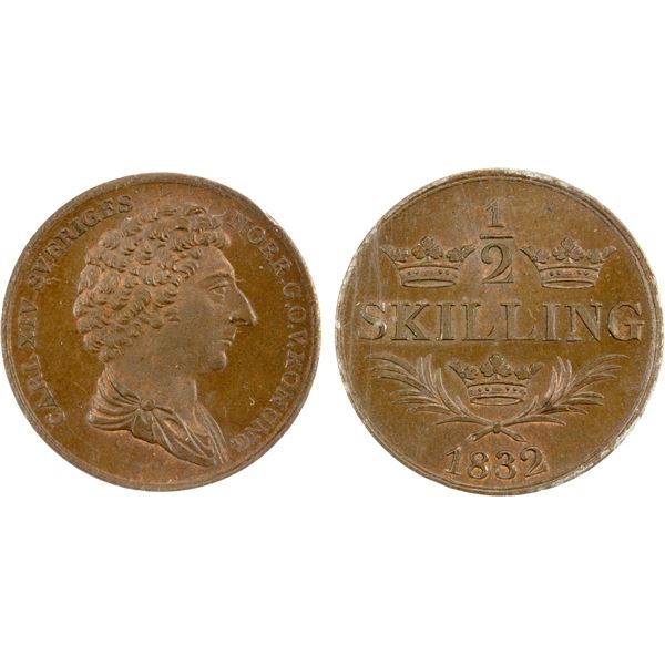 SWEDEN: Carl IV Johan, 1818-1844, AE ½ skilling, 1832, ANACS graded MS64 RB