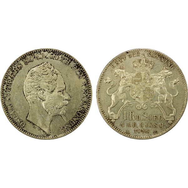 SWEDEN: Oscar I, 1844-1859, AR riksdaler specie (4 riksdaler riksmynt), 1856, AU