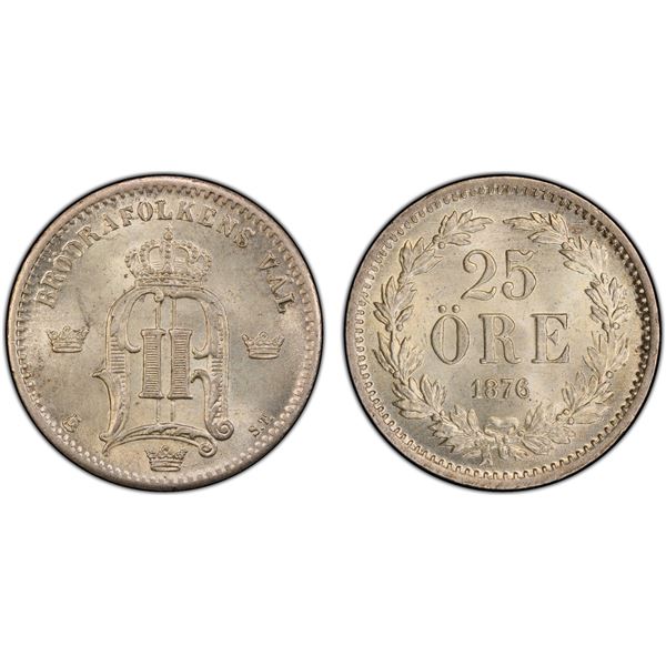 SWEDEN: Oscar II, 1872-1907, AR 25 öre, 1876 ST, PCGS MS66
