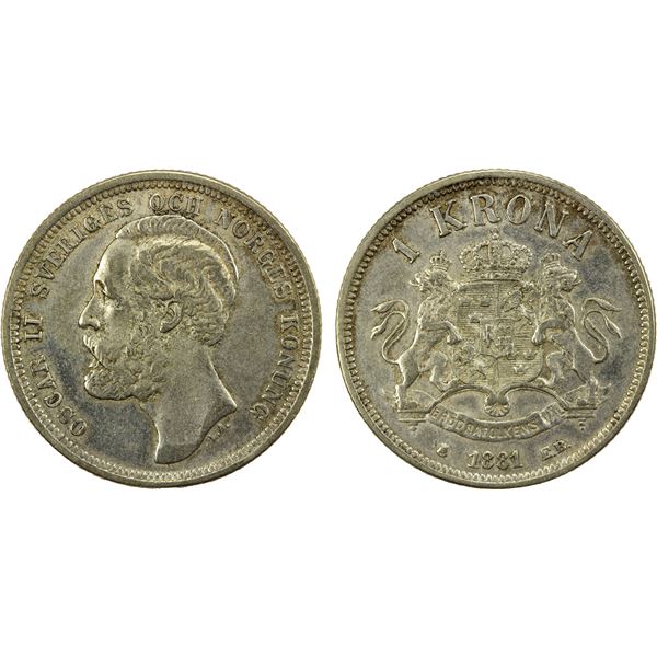 SWEDEN: Oscar II, 1872-1907, AR krona, 1881, EF