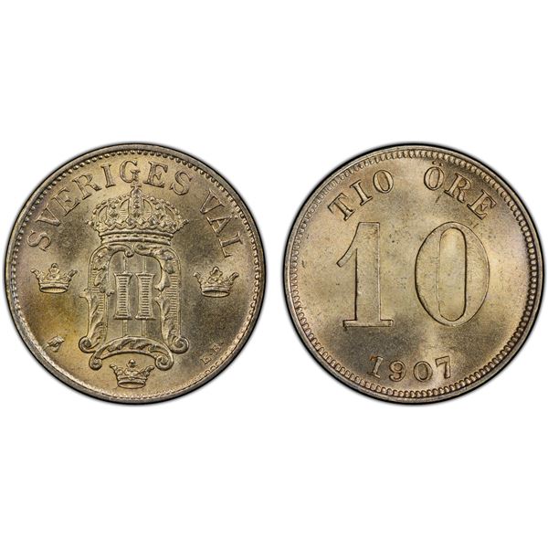 SWEDEN: Oscar II, 1872-1907, AR 10 öre, 1907-EB, PCGS MS66