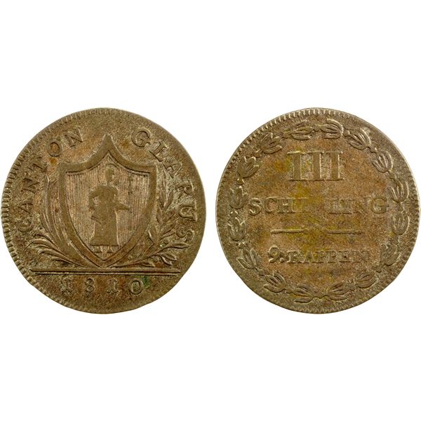 GLARUS: Canton, BI 3 schilling, 1810, VF