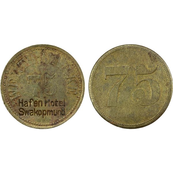 GERMAN SOUTH WEST AFRICA: brass token, 75 pfennig, ND, VF