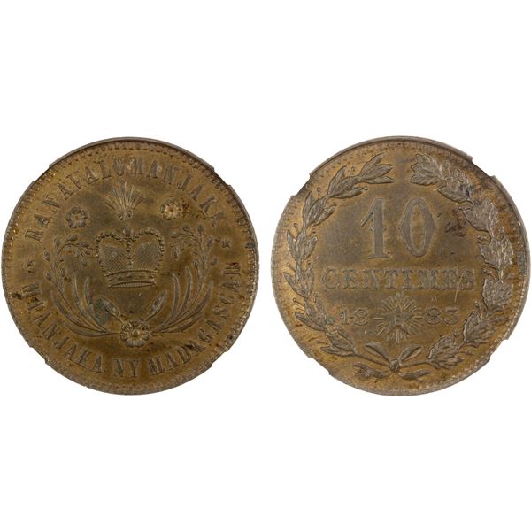 MADAGASCAR: Ranavalona III, 1883-1897, AE 10 centimes, 1883, NGC MS64 BN