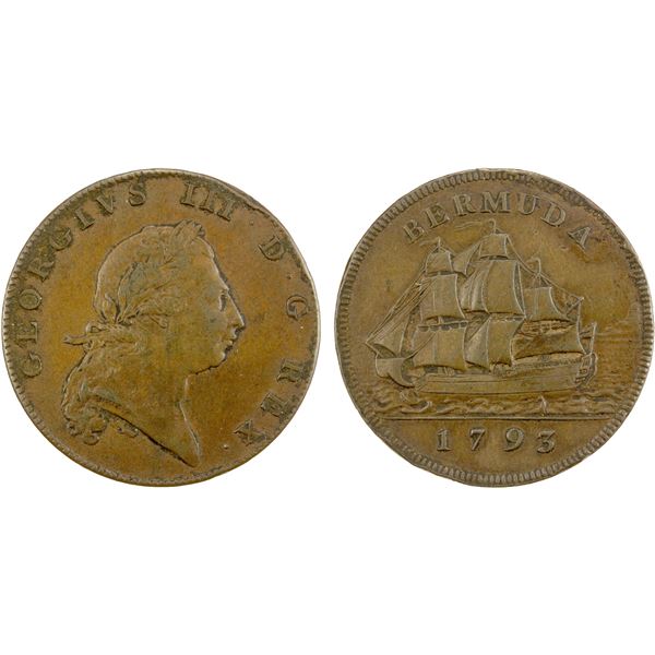 BERMUDA: George III, 1760-1820, AE ½ penny, 1793, About EF