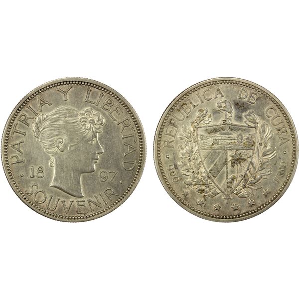 CUBA: Republic, AR souvenir peso, 1897, date closely spaced, low star variety, AU
