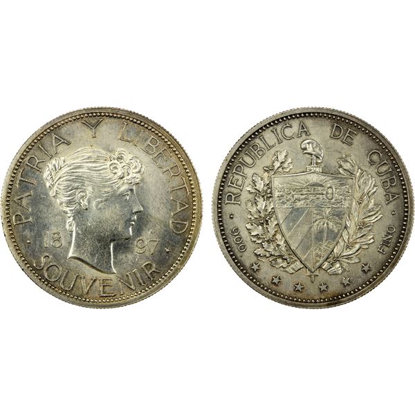 CUBA: Republic, AR souvenir peso, 1897, date closely spaced, high star variety, AU