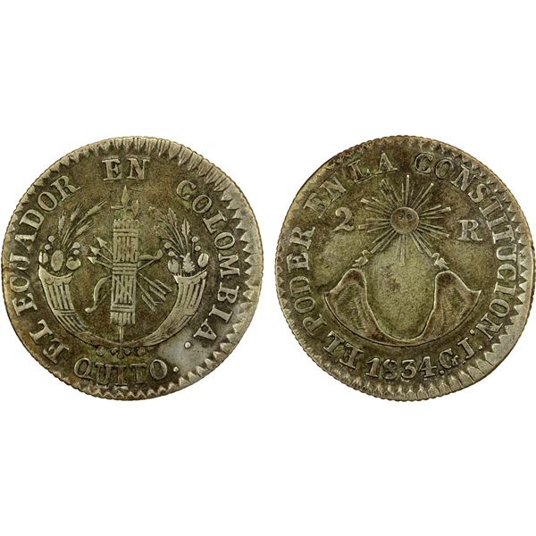 ECUADOR: El Ecuador de Colombia, AR 2 reales, 1834, VF