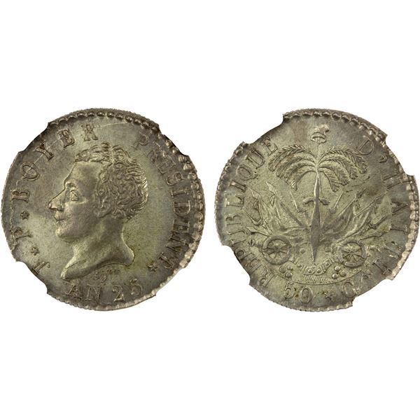 HAITI: Republic, AR 50 centimes, year 25 (1828), NGC MS64