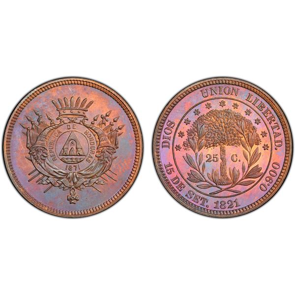 HONDURAS: Republic, AE 25 centavos, 1871, PCGS Specimen 65 BN