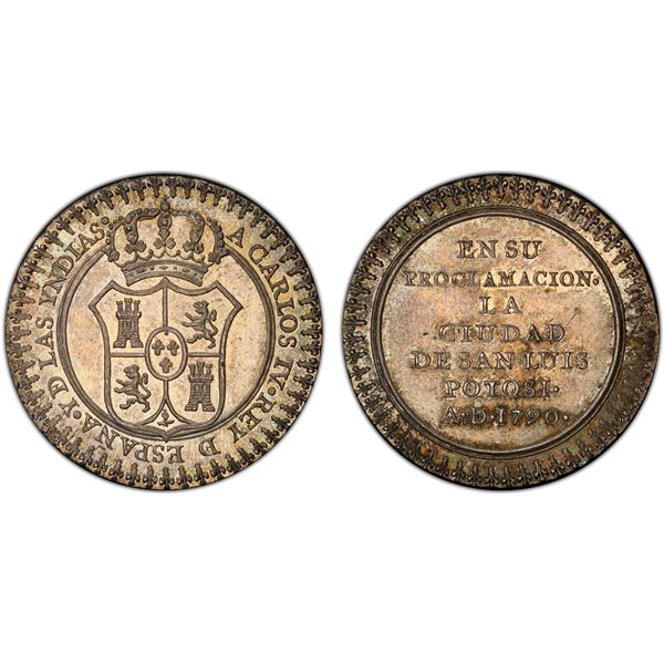 MEXICO: Carlos IV, 1788-1808, proclamation 2 reales (6.89g), 1790, PCGS MS63