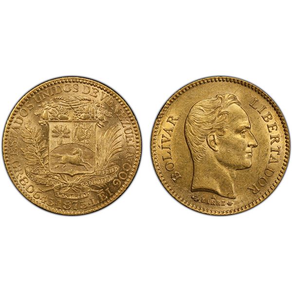 VENEZUELA: Republic, AV 5 venezolanos, 1875-A, PCGS AU58